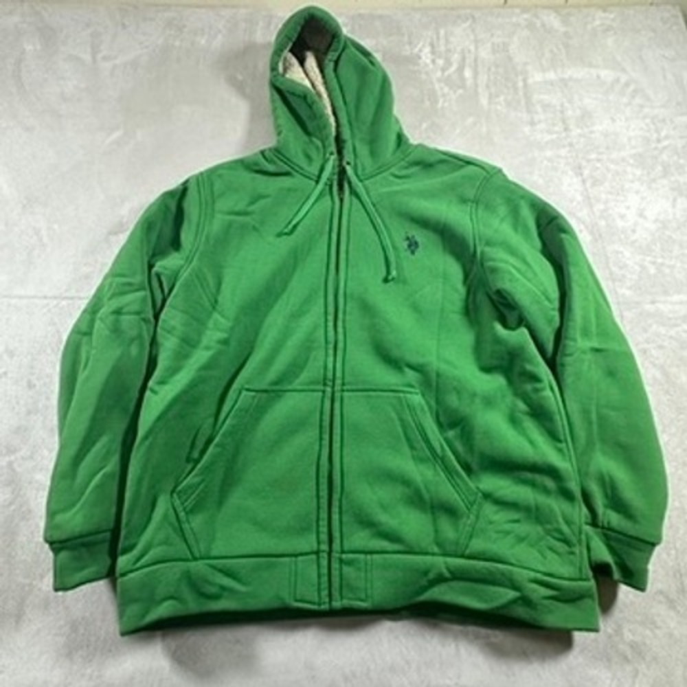 US Polo Assn Zip Hoodie Mens Sherpa Lined Y2K Fleece Jacket XL Green